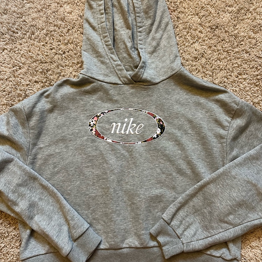 Nike Heather Gray Cropped Hoodie With Embroidered Logo